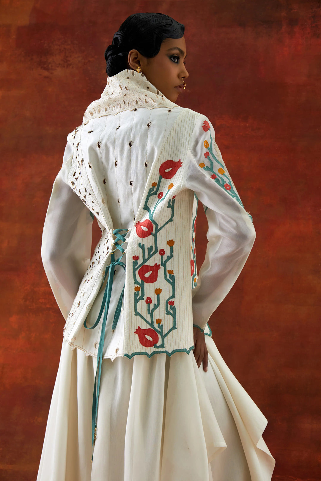 Emb Draped Collar Jacket With Draped Skirt
