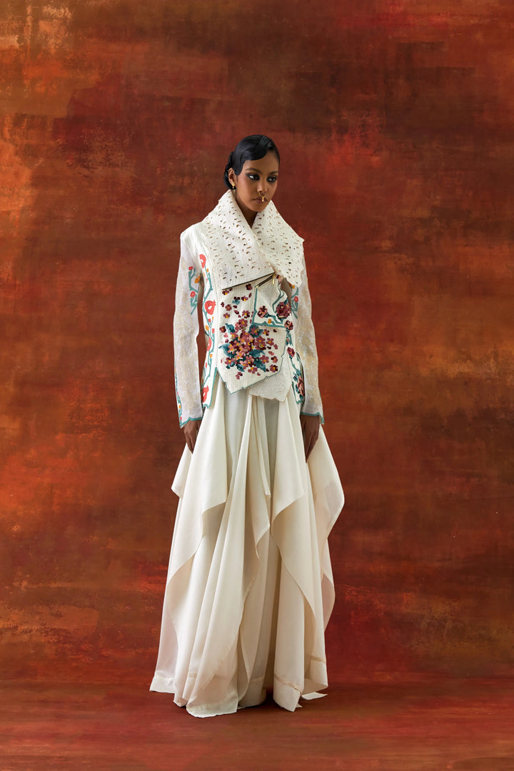 Emb Draped Collar Jacket With Draped Skirt