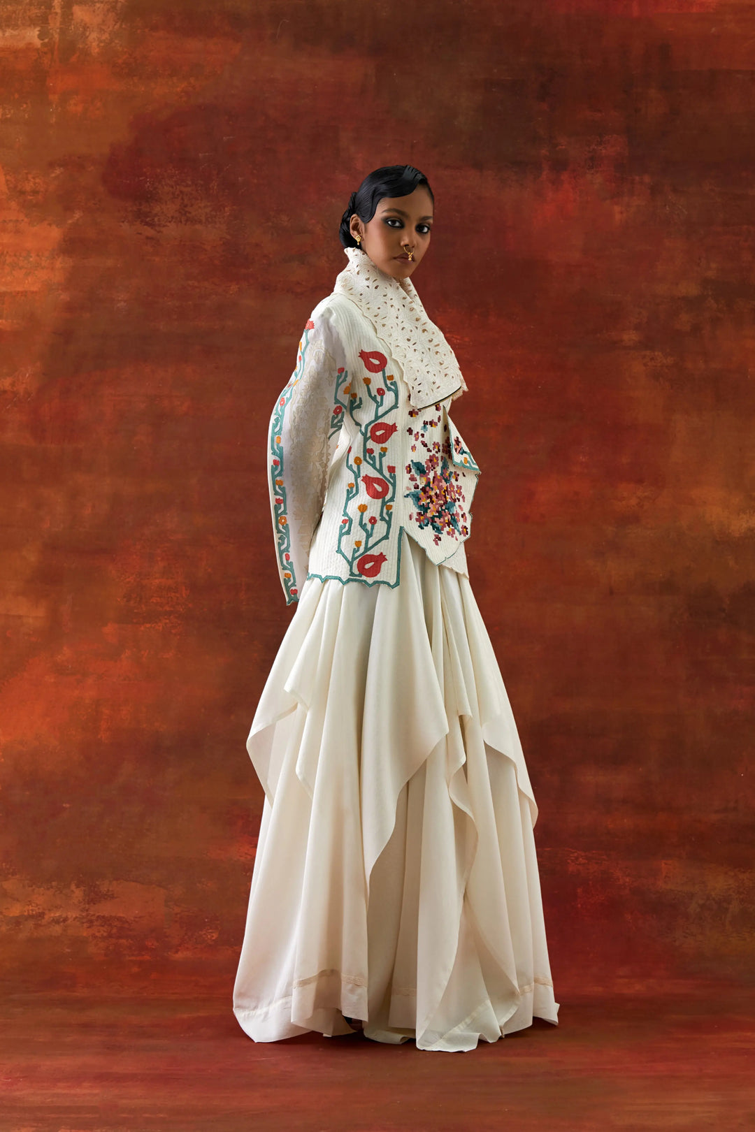 Emb Draped Collar Jacket With Draped Skirt