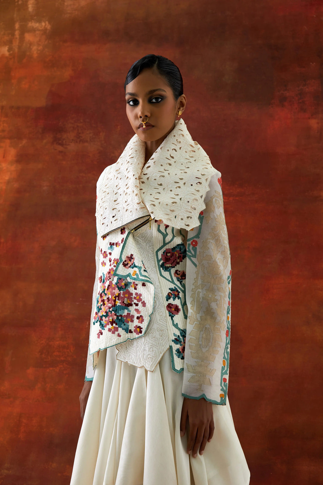 Emb Draped Collar Jacket With Draped Skirt