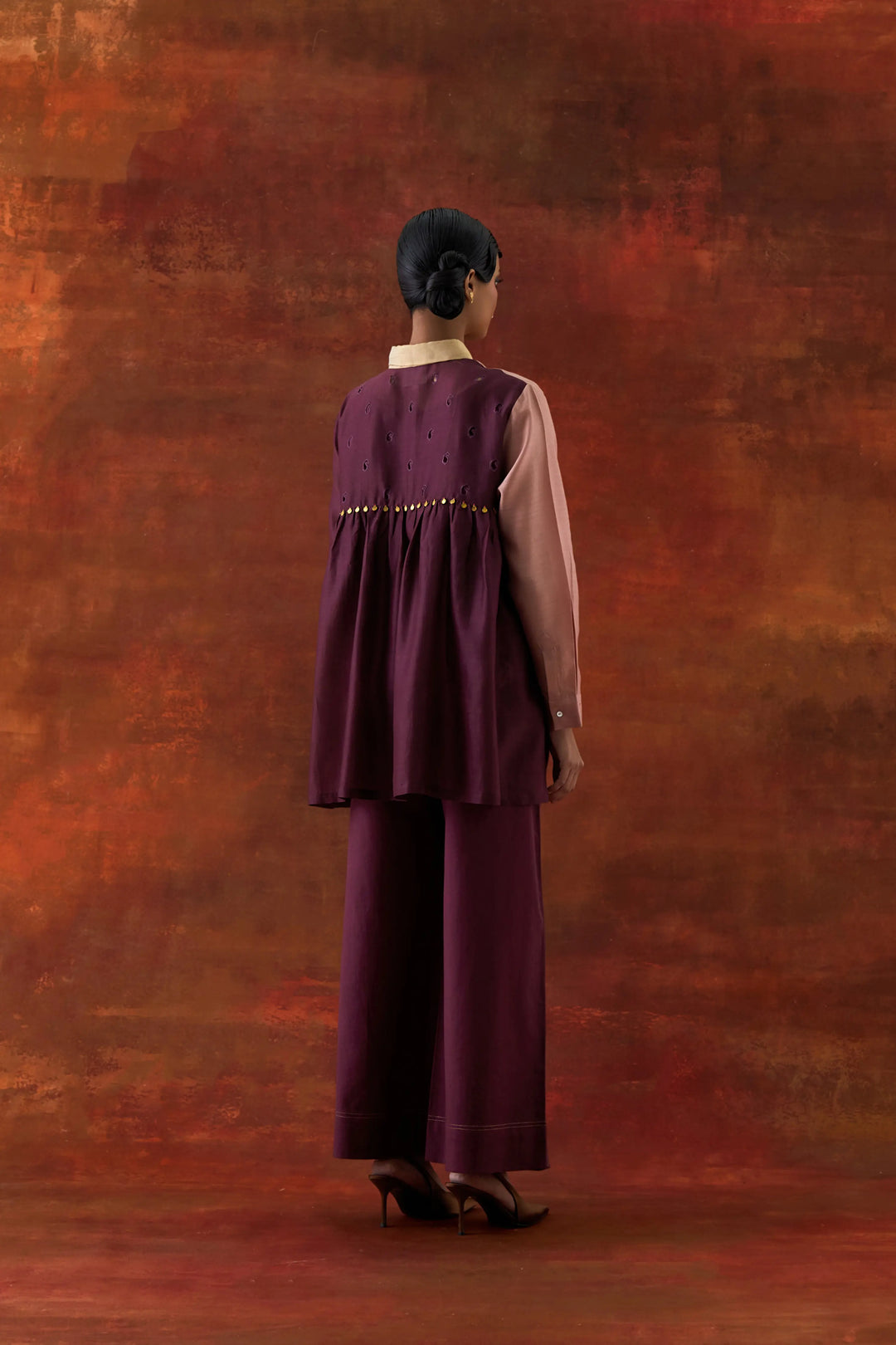 Emb Tri Color Shirt With Flared Pants Old Rose/Wine