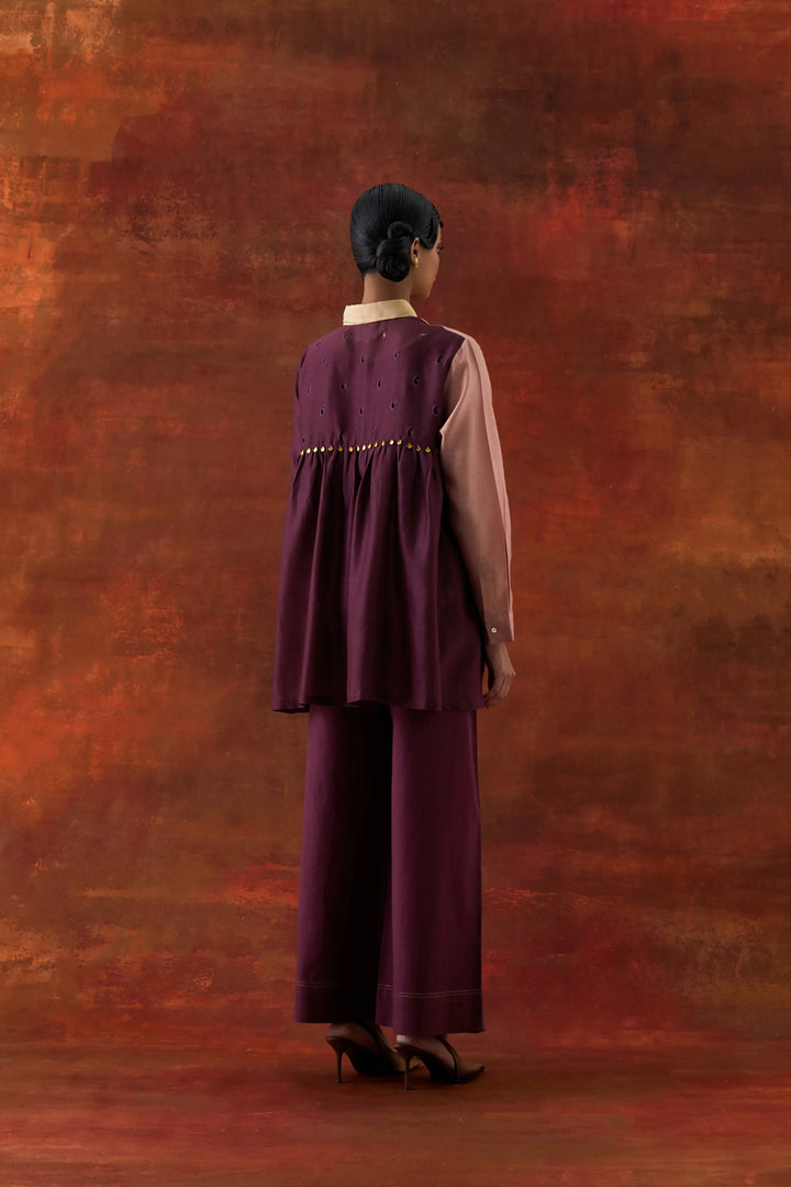 Emb Tri Color Shirt With Flared Pants Old Rose/Wine