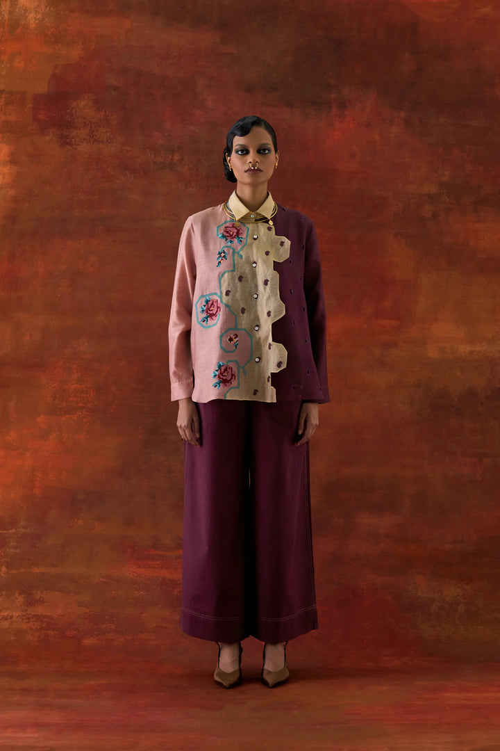 Emb Tri Color Shirt With Flared Pants Old Rose/Wine
