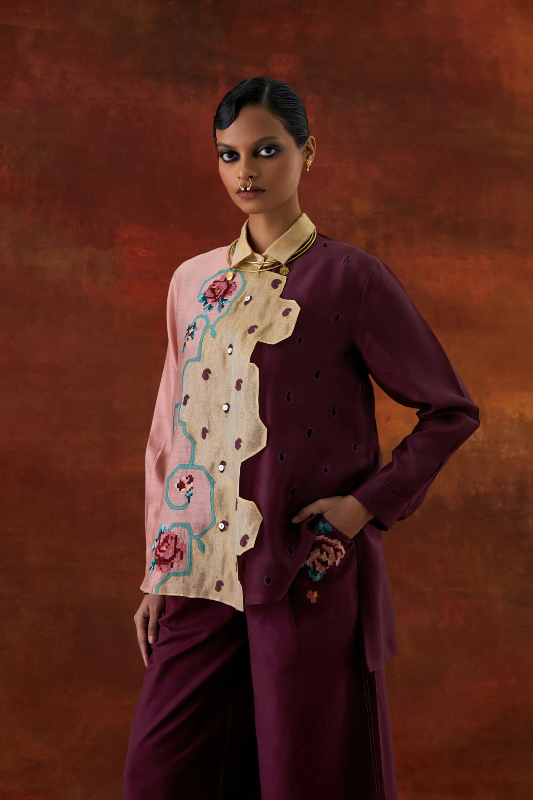 Emb Tri Color Shirt With Flared Pants Old Rose/Wine