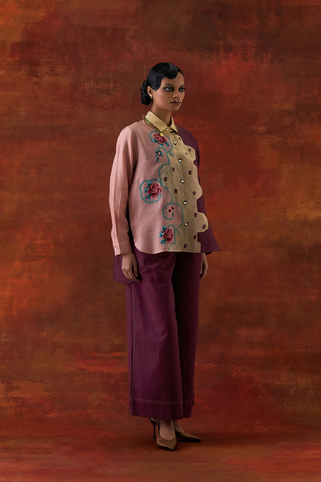 Emb Tri Color Shirt With Flared Pants Old Rose/Wine