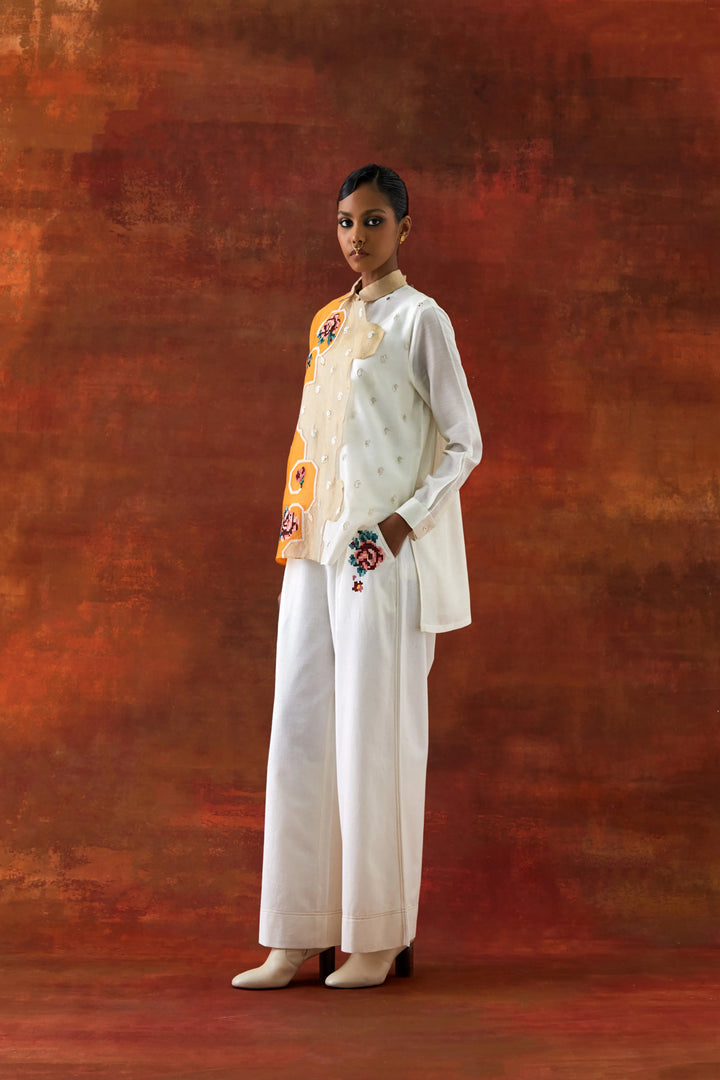 Emb Tri Color Shirt With Flared Pants