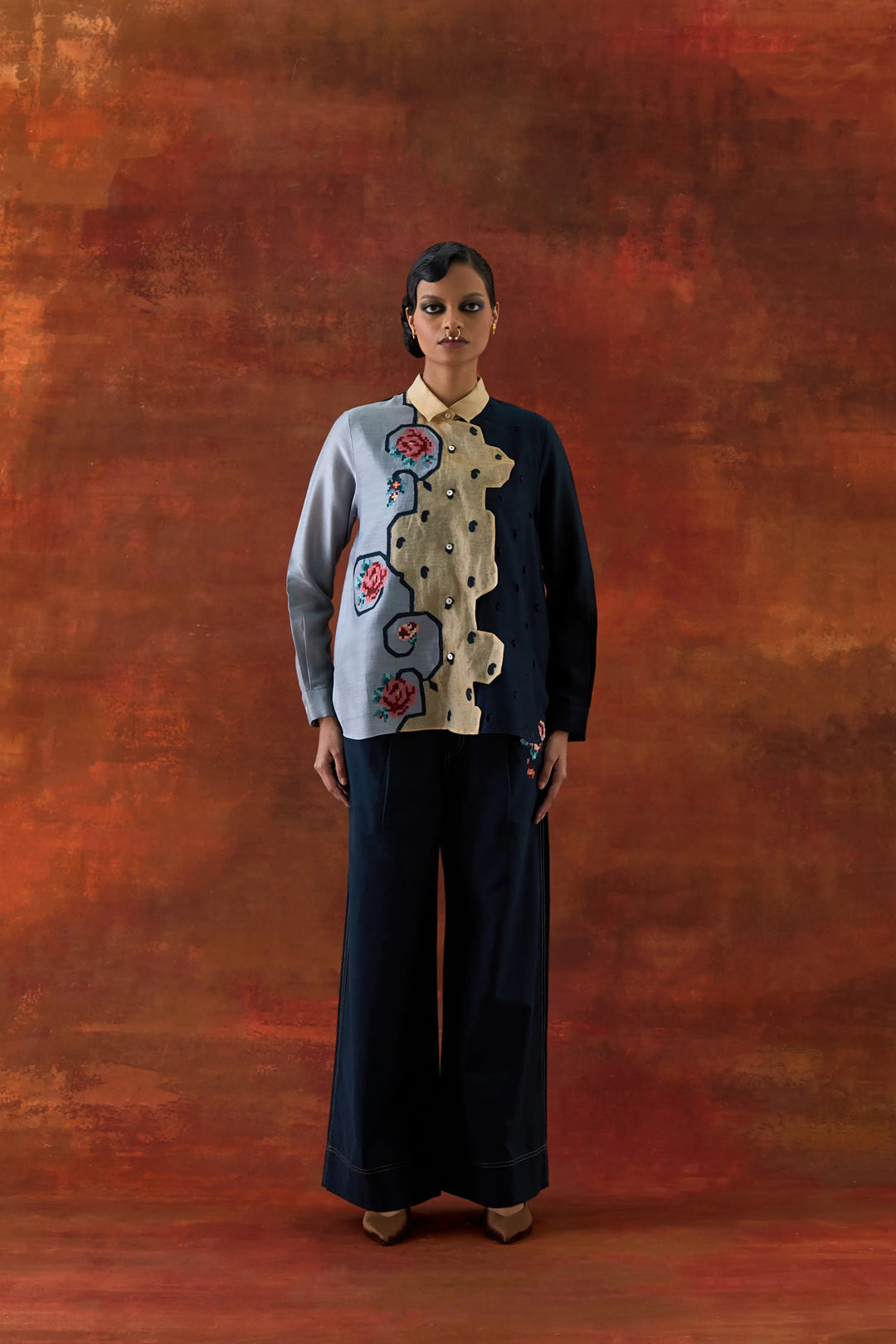 Emb Tri Color Shirt With Flared Pants Grey/Indigo