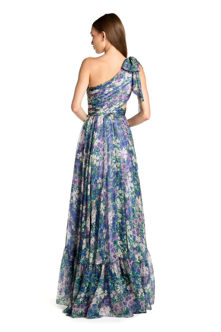 Purple One Shoulder Floral Printed Chiffon Side Cut Out Gown