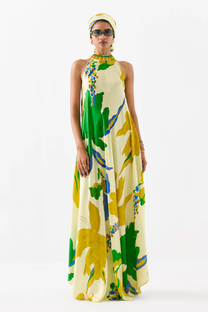 YELLOW ROSE HALTER DRESS