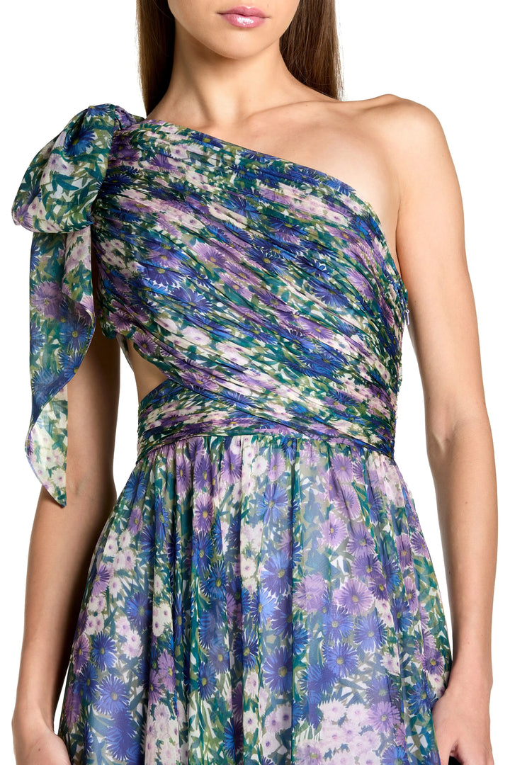 Purple One Shoulder Floral Printed Chiffon Side Cut Out Gown