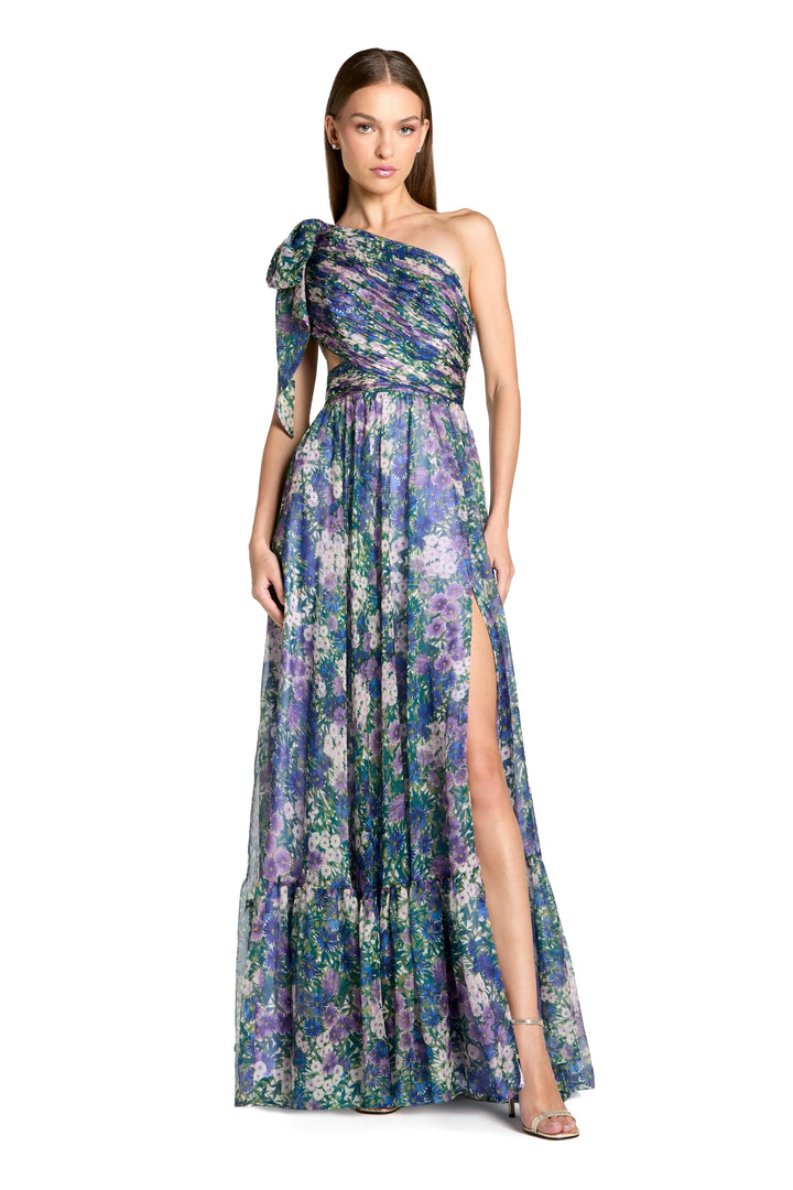 Purple One Shoulder Floral Printed Chiffon Side Cut Out Gown