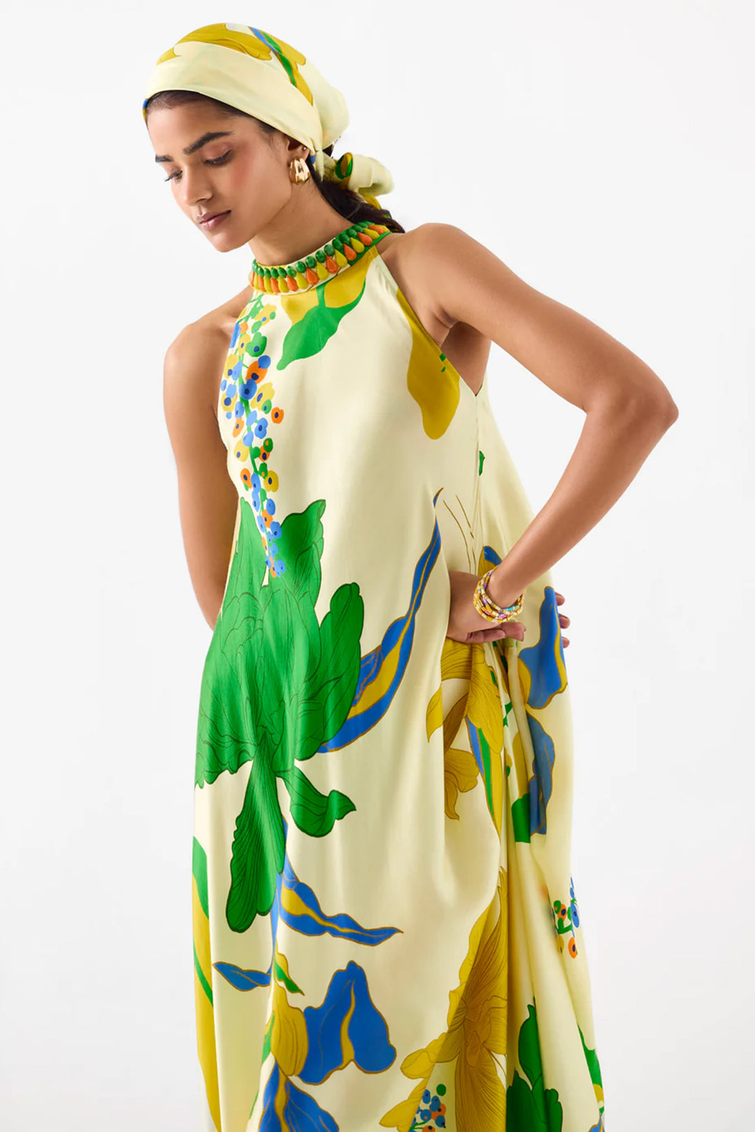 YELLOW ROSE HALTER DRESS