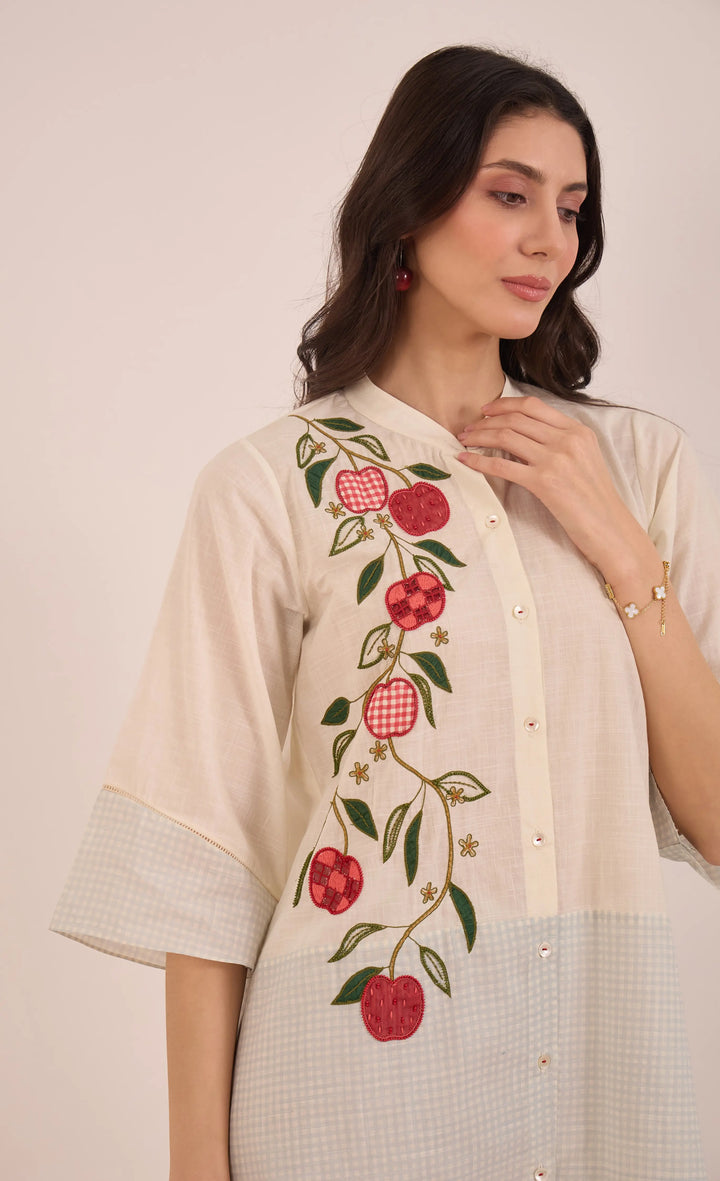Poma: Cotton Shepherd Check With Apples Tunic- Powder Blue And Ivory
