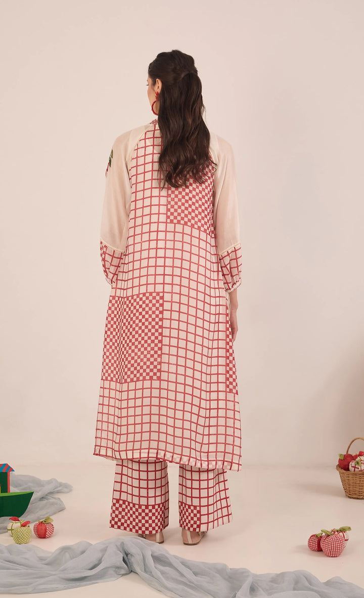 Shirin: Cotton Silk Ivory Red Check Embroidered Kurta Set