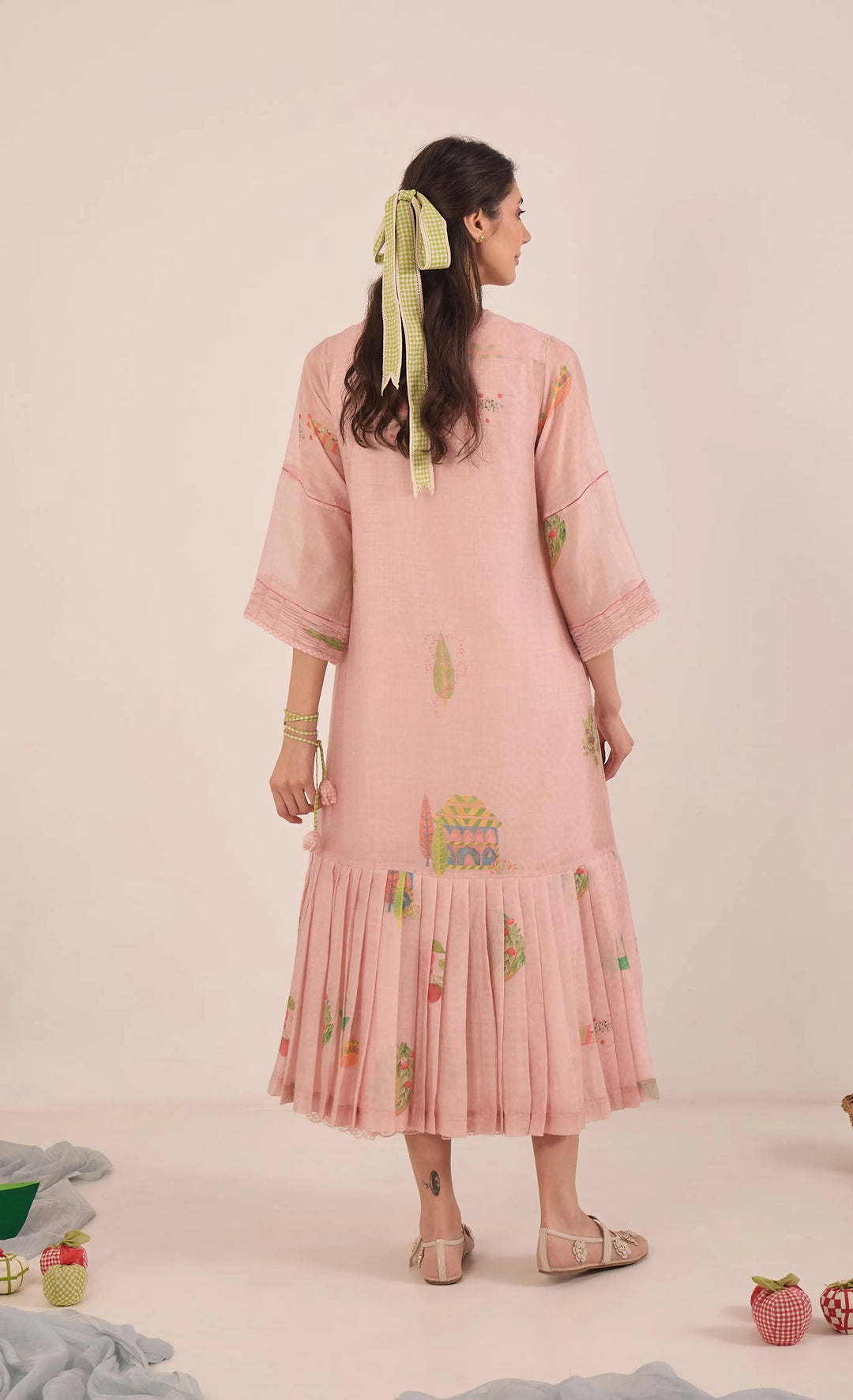 Gulposh: Cotton Silk Pleated Jacket Dress With Cotton Check Inner - Pink