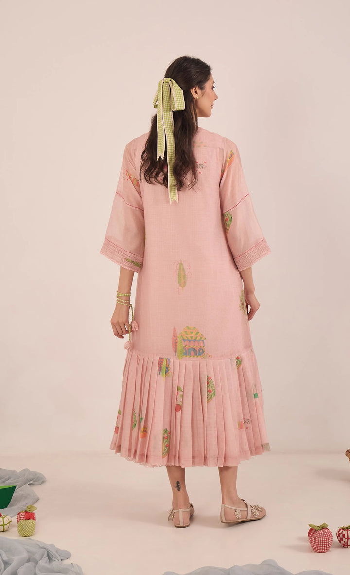 Gulposh: Cotton Silk Pleated Jacket Dress With Cotton Check Inner - Pink