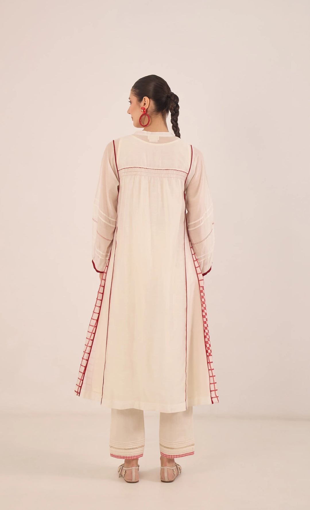 Firdaus: Chanderi Side Check Kali Embroidered Kurta Set Ivory And Red