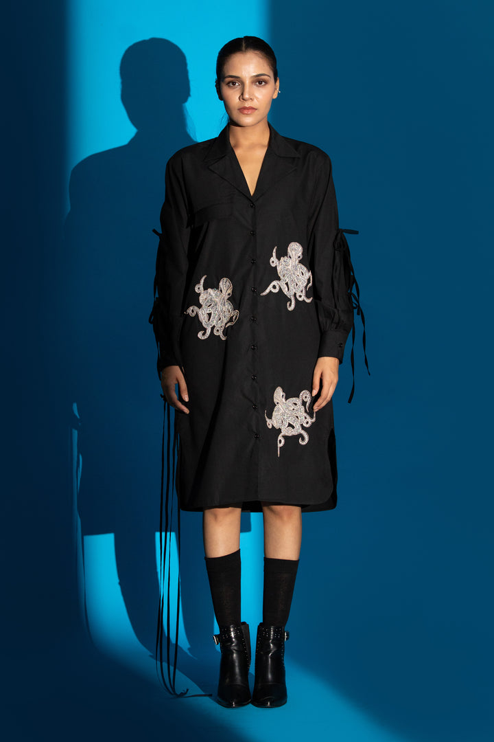 Octopus embroidered black shirt dress