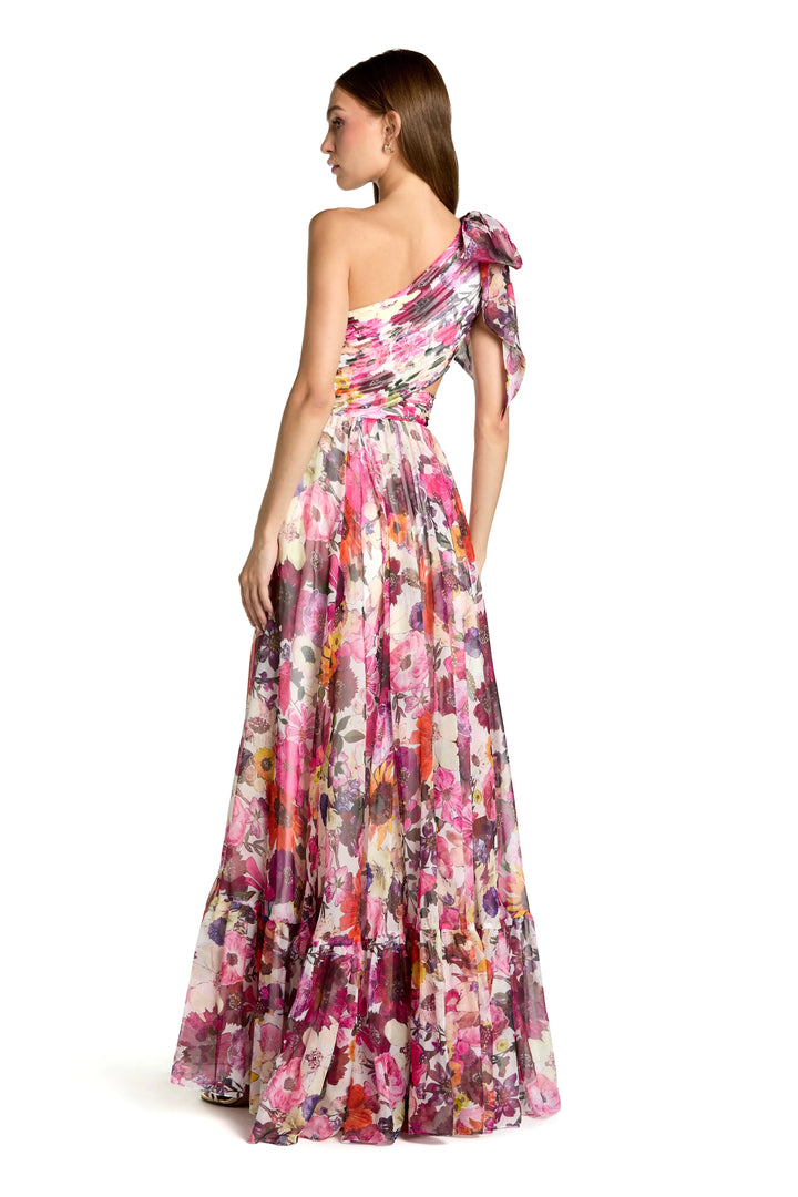 Multicolor One Shoulder Floral Printed Chiffon Side Cut Out Gown