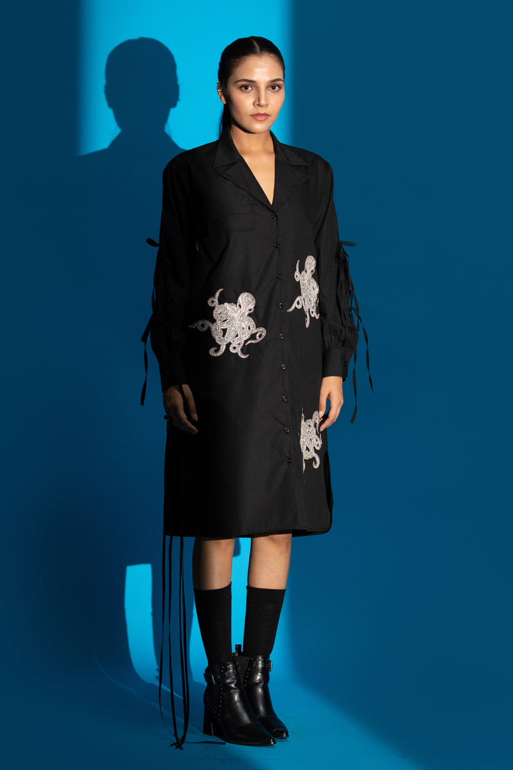 Octopus embroidered black shirt dress