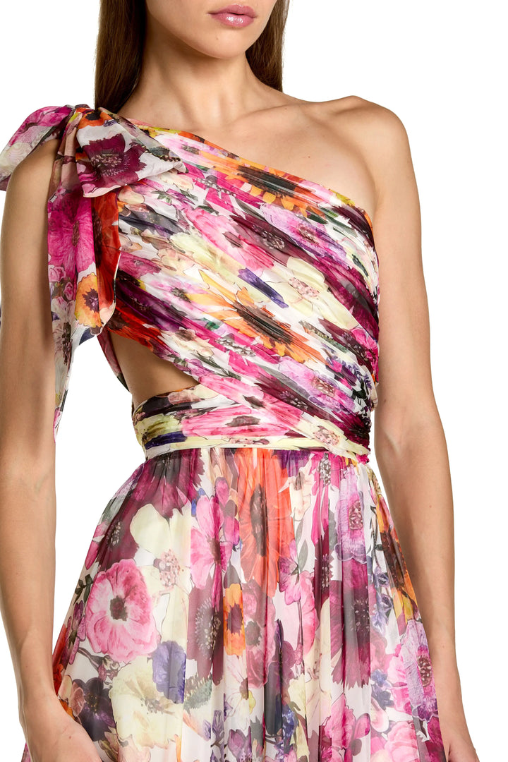 Multicolor One Shoulder Floral Printed Chiffon Side Cut Out Gown