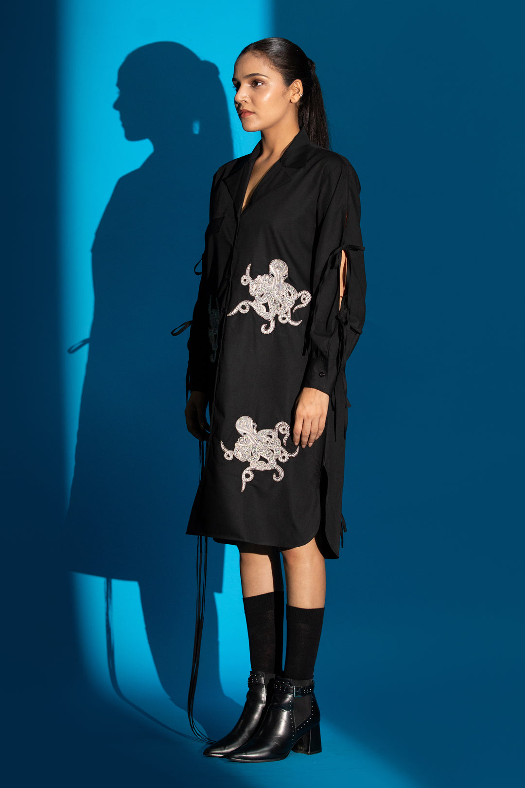 Octopus embroidered black shirt dress