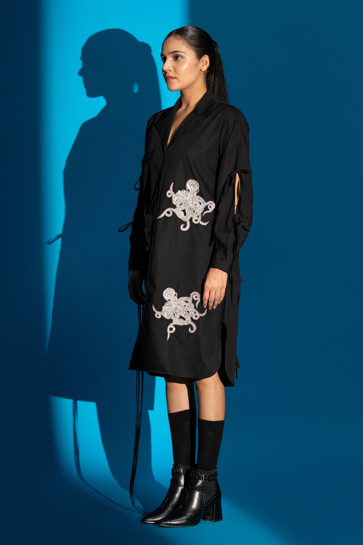 Octopus embroidered black shirt dress
