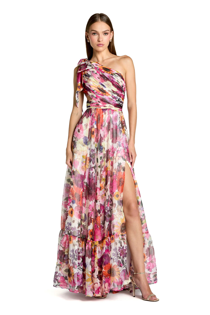 Multicolor One Shoulder Floral Printed Chiffon Side Cut Out Gown