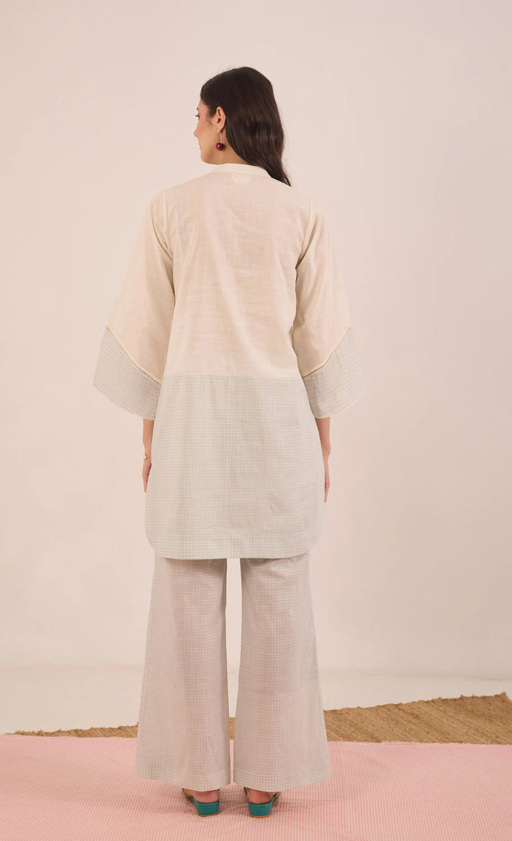 Poma: Cotton Shepherd Check With Apples Tunic- Powder Blue And Ivory