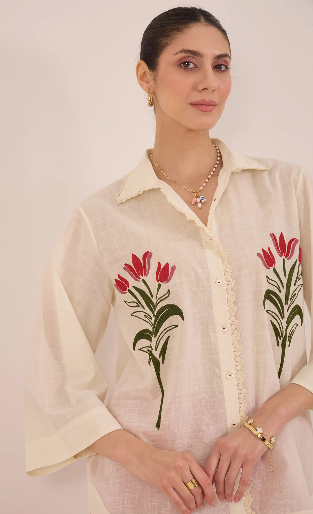 Dal: Cotton Floral Shirt Coord Set - Ivory