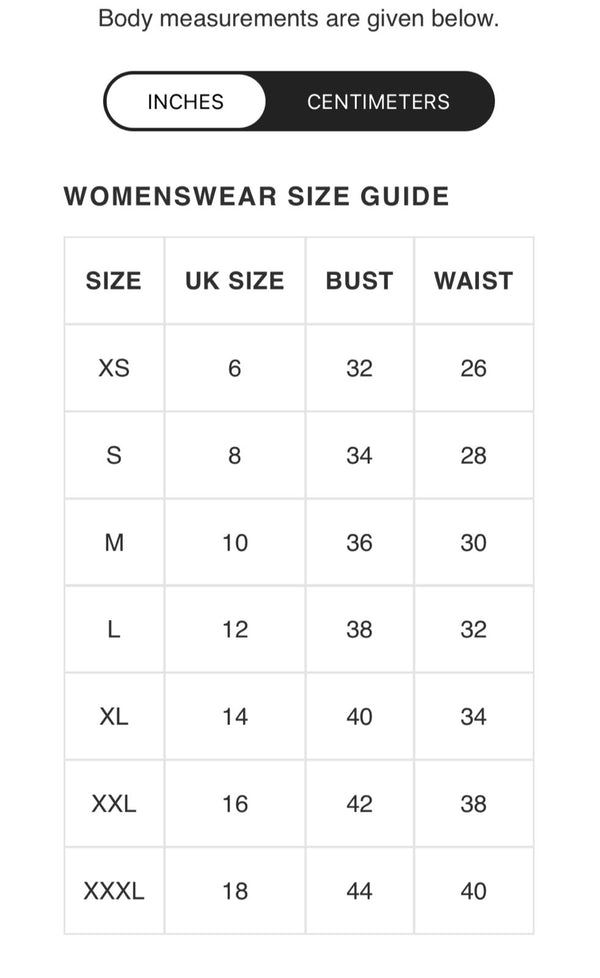 Size Chart (inches)