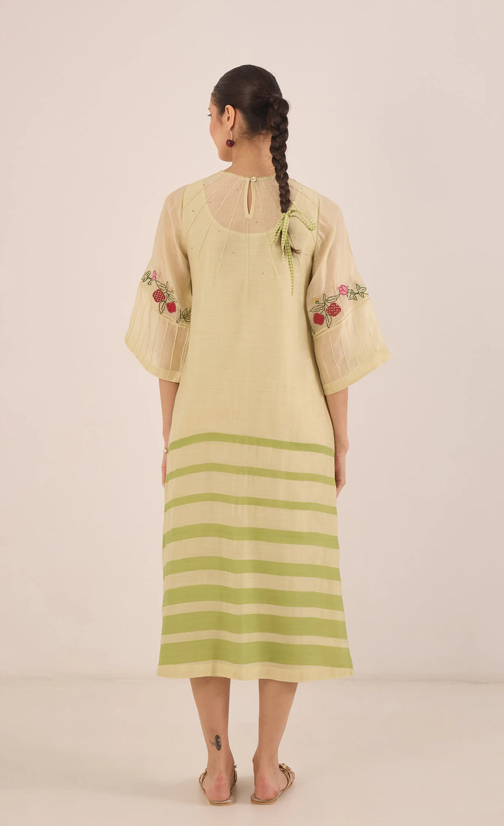 Chinar: Chanderi Floral Embroidery With Stripes Kurta Set - Green