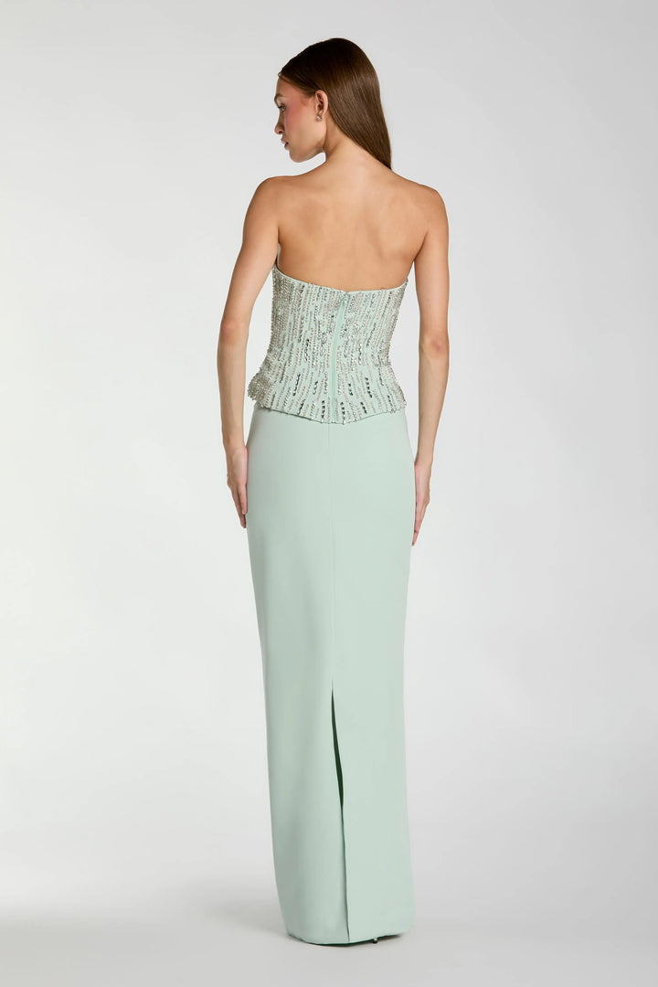 Green Embellished Crepe Strapless Column Gown