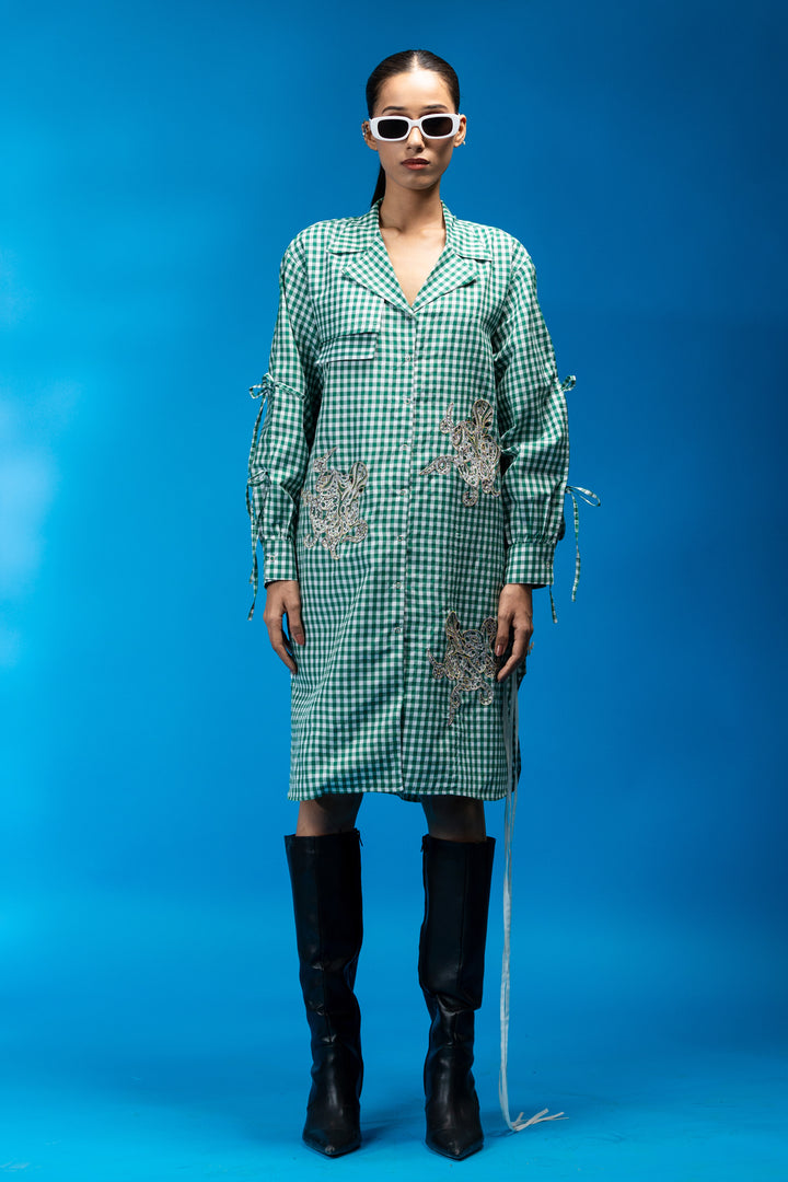 Octopus embroidered green check shirt dress