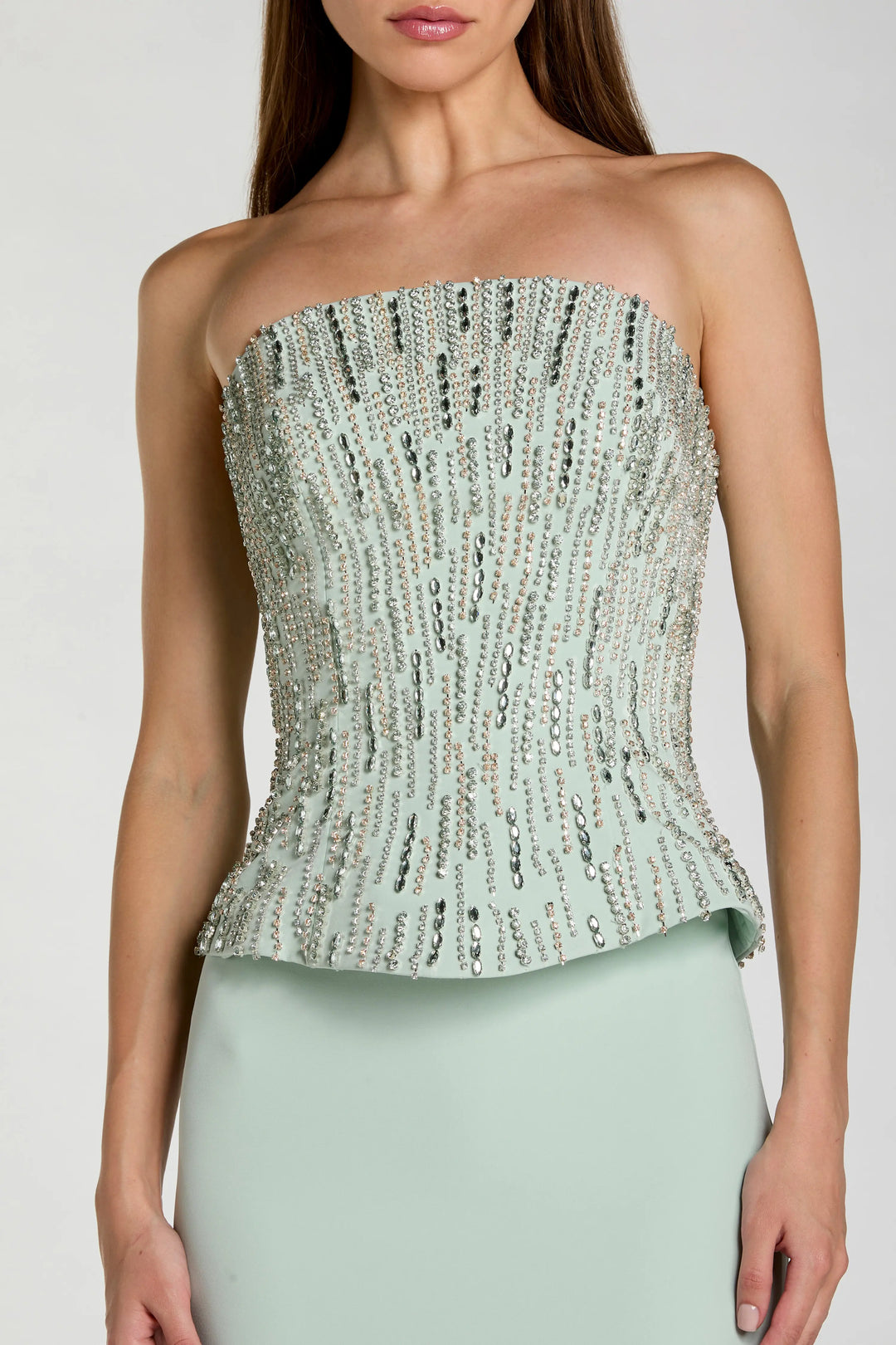 Green Embellished Crepe Strapless Column Gown