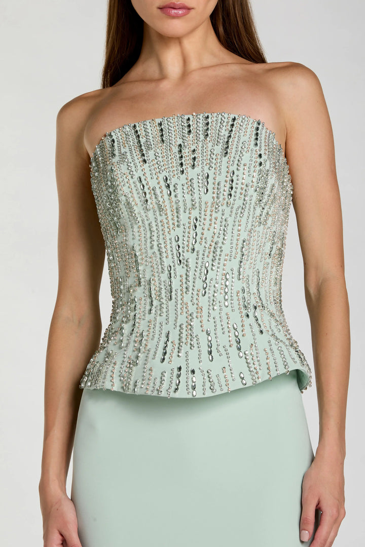 Green Embellished Crepe Strapless Column Gown