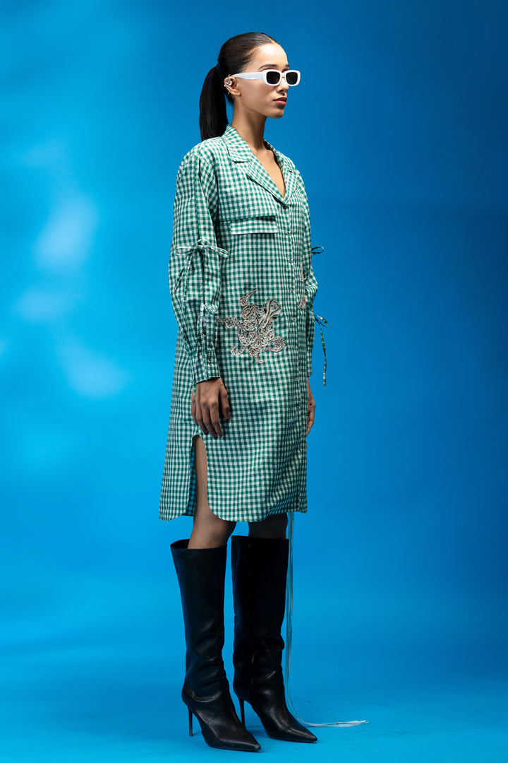 Octopus embroidered green check shirt dress