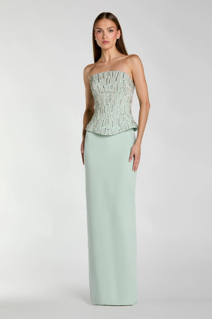 Green Embellished Crepe Strapless Column Gown