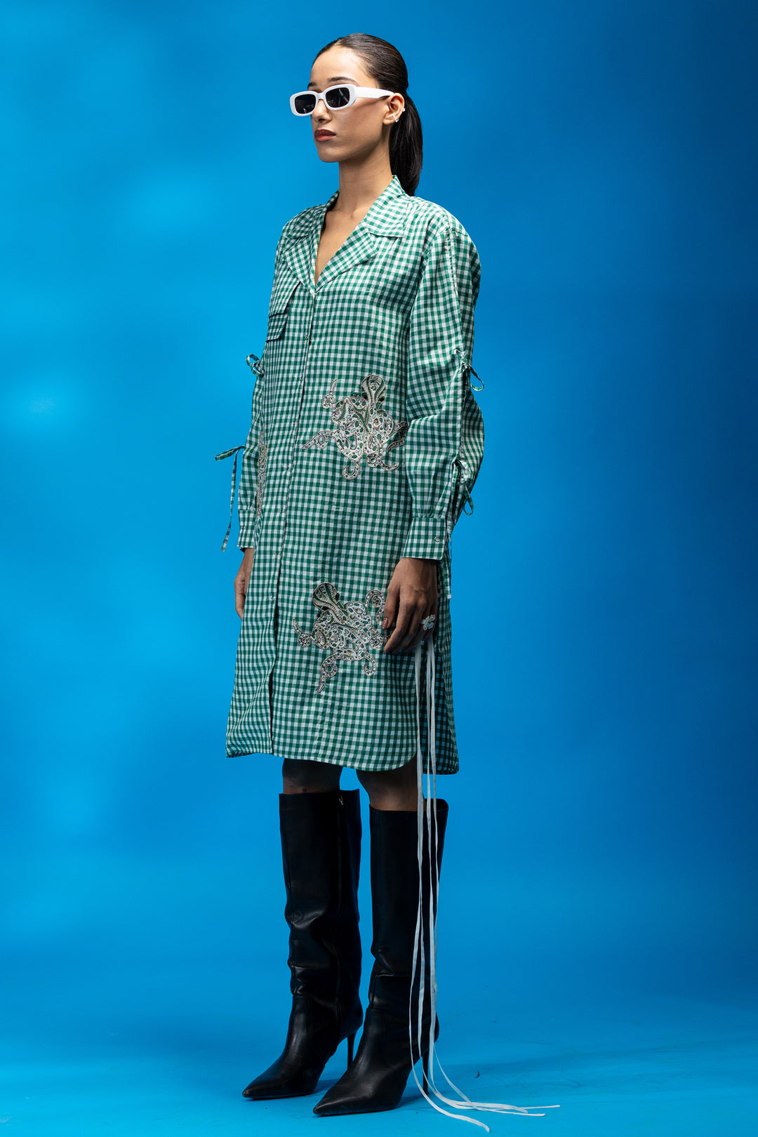 Octopus embroidered green check shirt dress