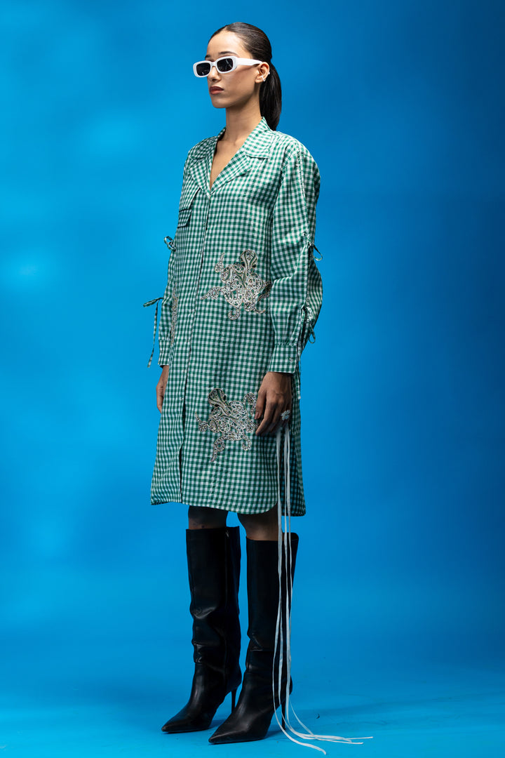Octopus embroidered green check shirt dress