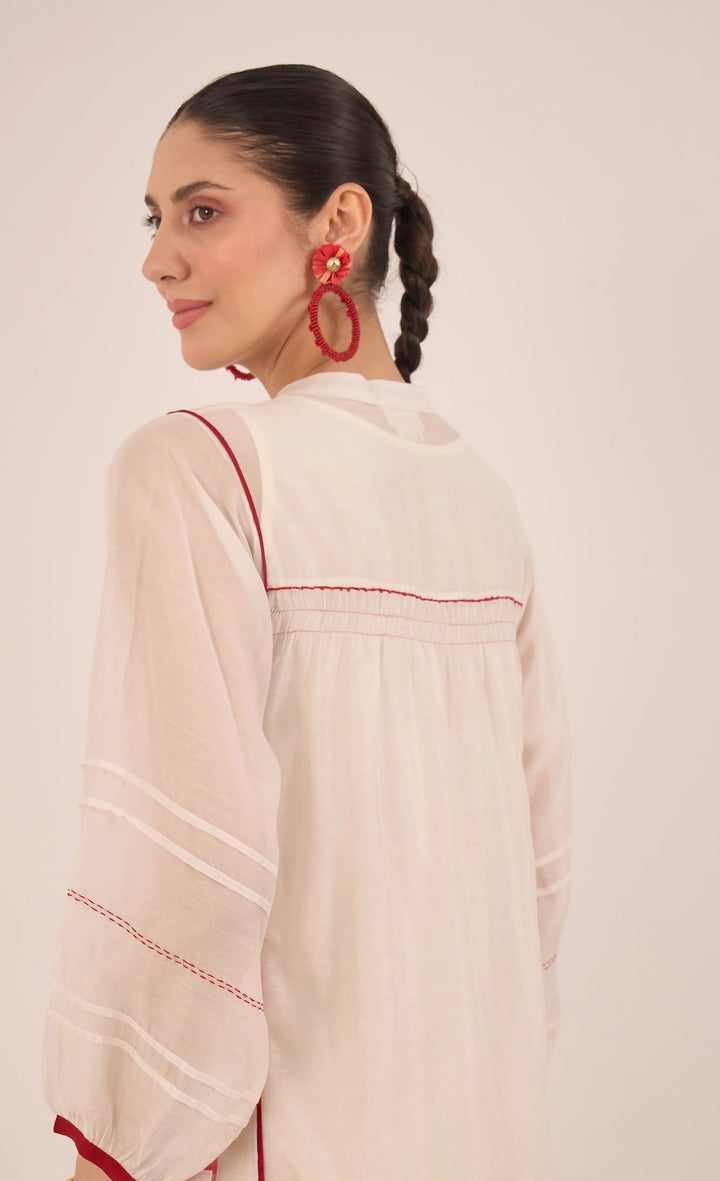 Firdaus: Chanderi Side Check Kali Embroidered Kurta Set Ivory And Red