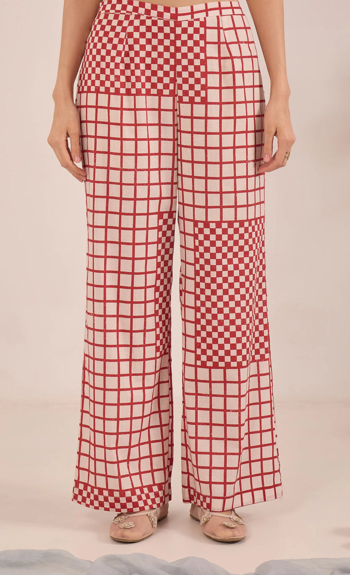 Shirin: Cotton Silk Ivory Red Check Embroidered Kurta Set