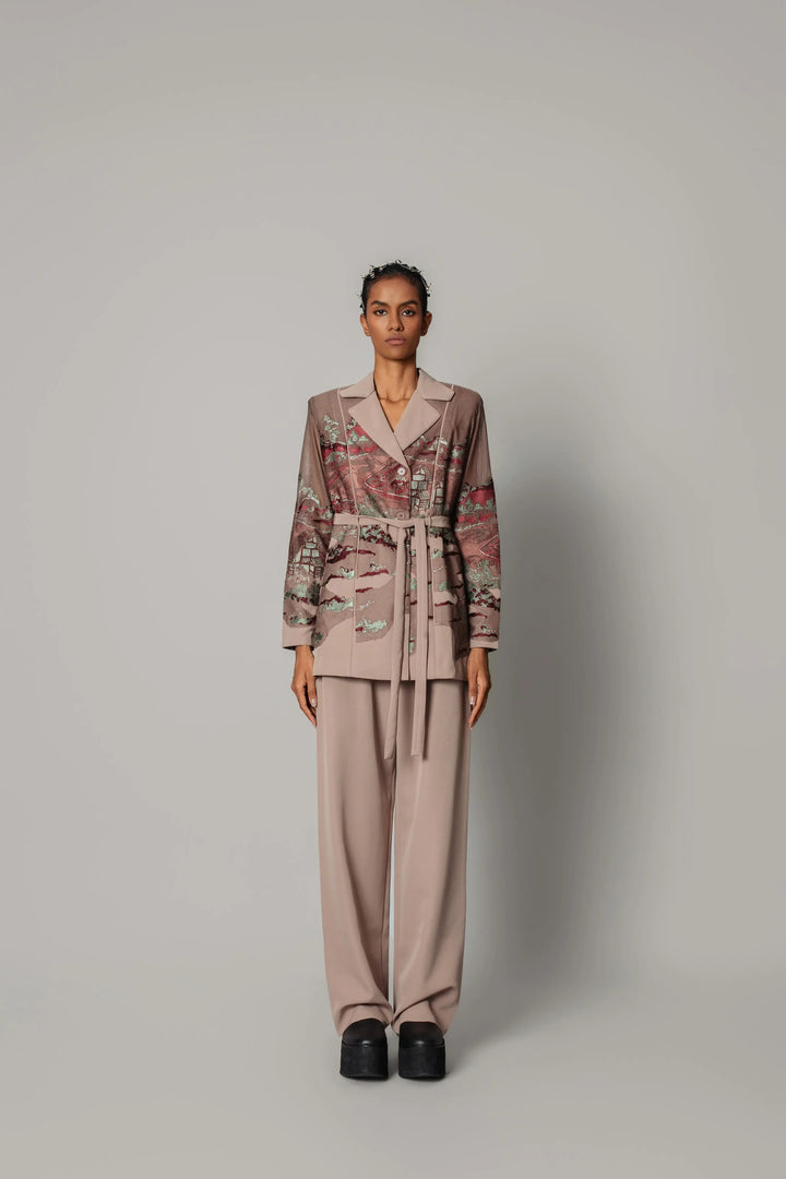 Brown hokusai embroidered coat set