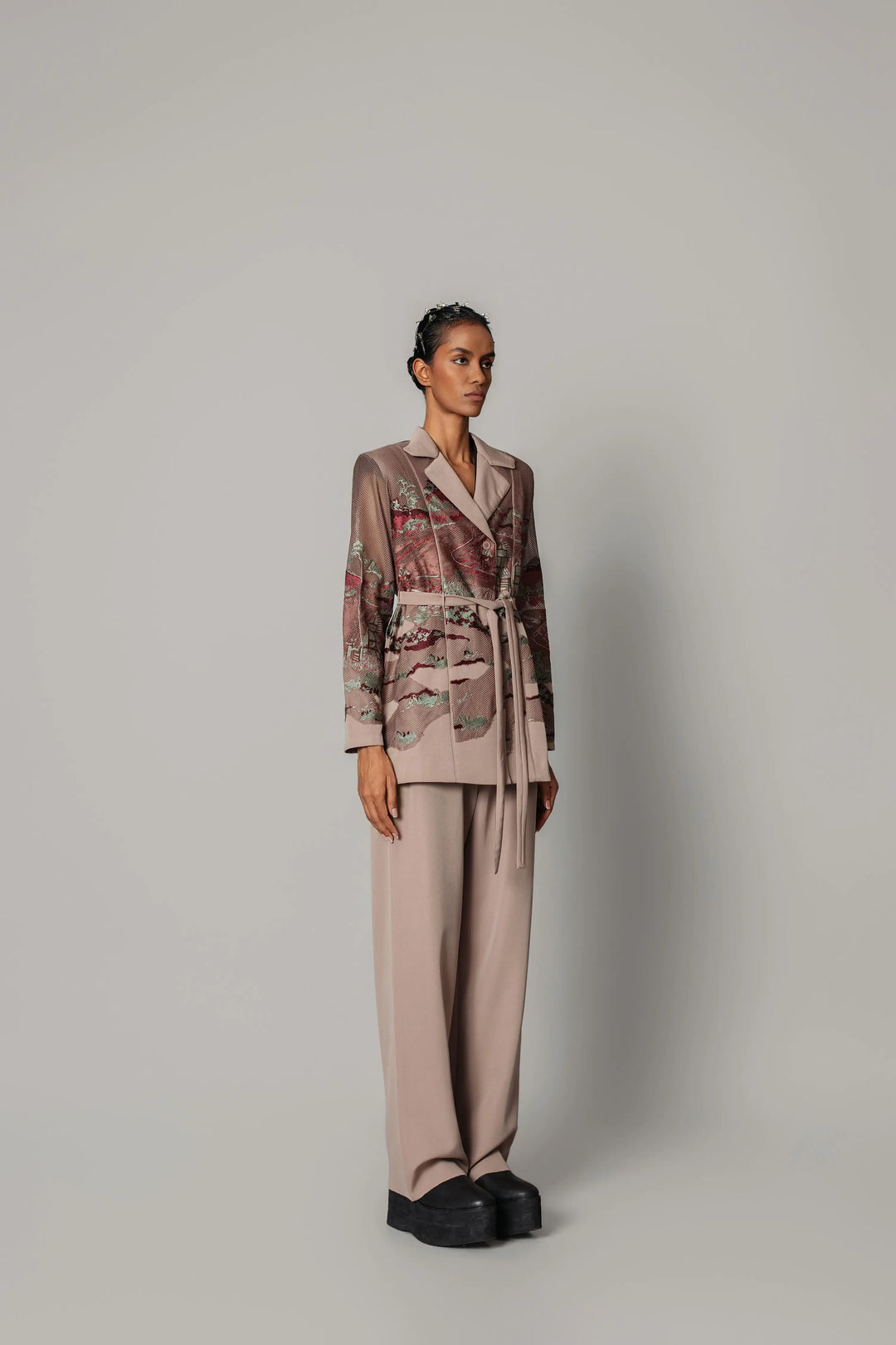 Brown hokusai embroidered coat set