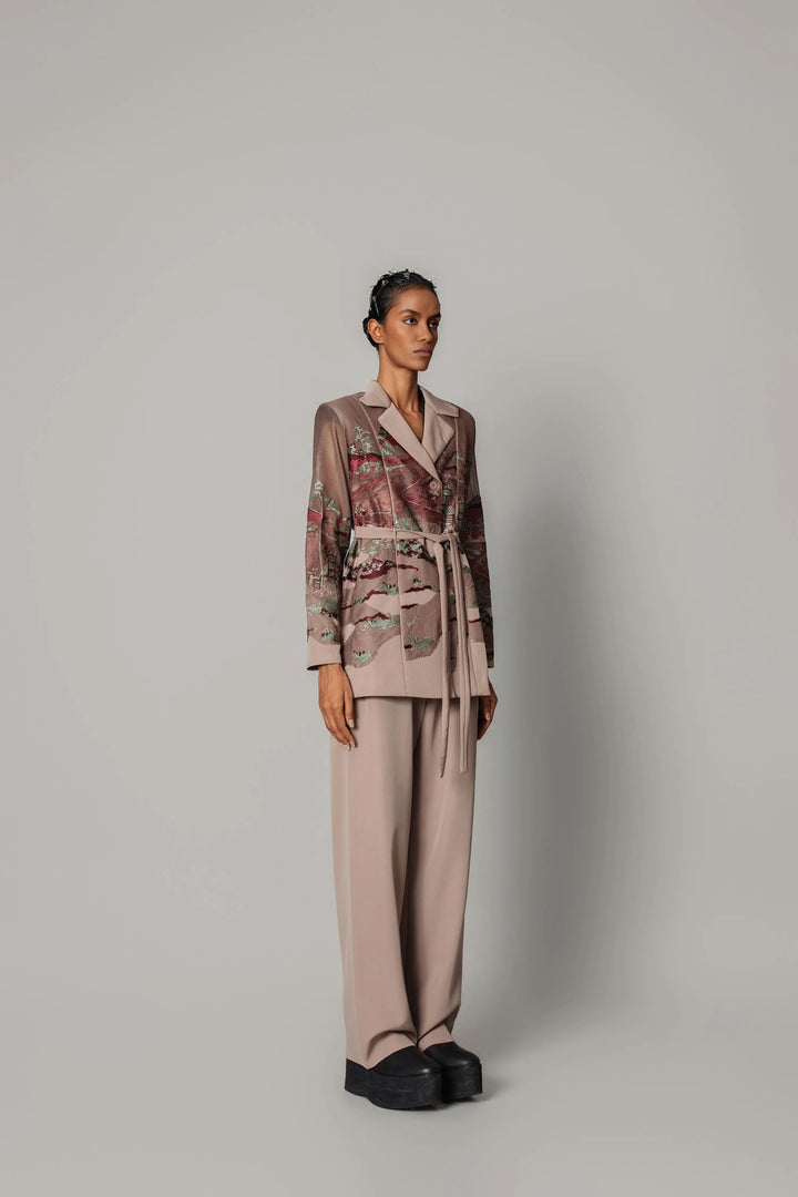Brown hokusai embroidered coat set