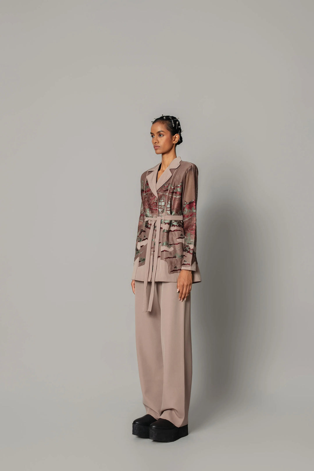 Brown hokusai embroidered coat set