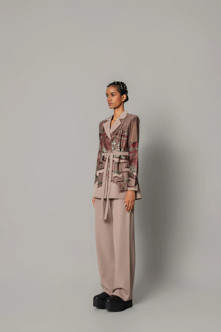 Brown hokusai embroidered coat set