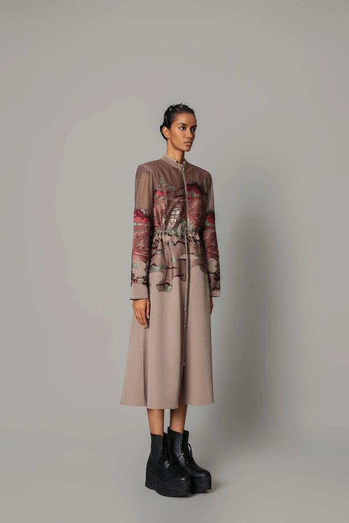 Brown hokusai embroidered long dress
