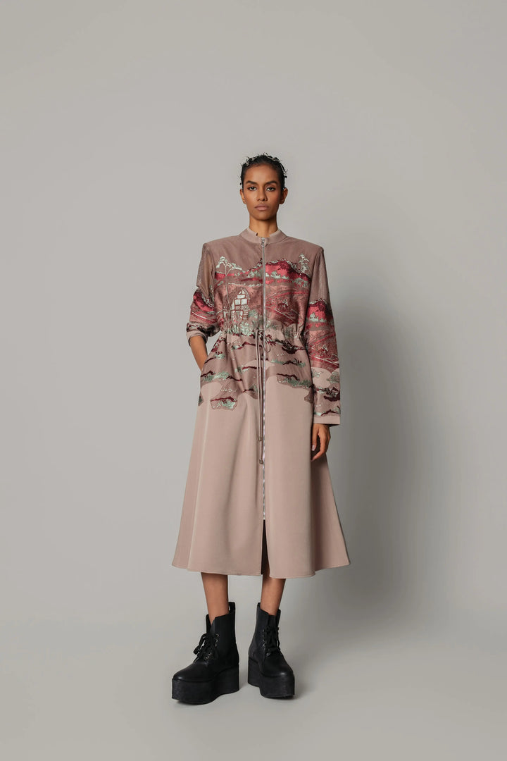 Brown hokusai embroidered long dress