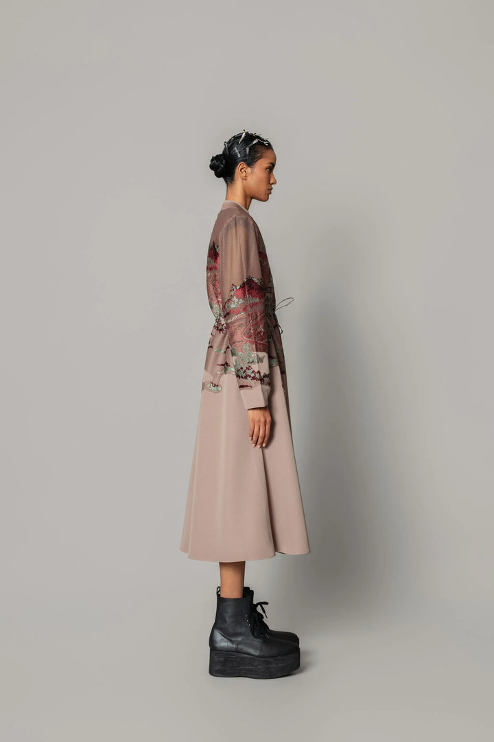 Brown hokusai embroidered long dress